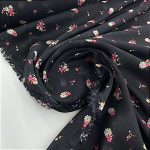 Crepe Chiffon Estampado Fundo Preto com Florzinhas Rosas