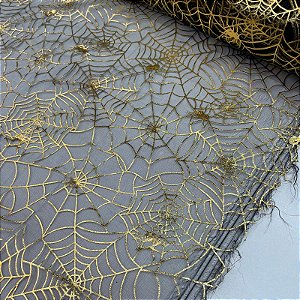 Organza Halloween Fundo Preto com Teias Douradas