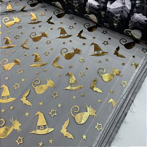 Organza Halloween Fundo Preto com Gato, Morcego e Chapéu Dourado