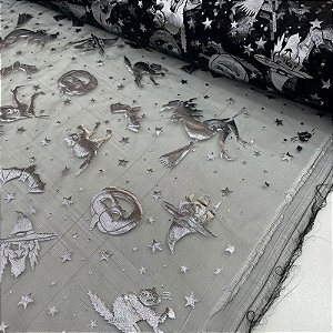 Organza Halloween Fundo Preto com Gato, Bruxas, Aboboras e Morcego Prata
