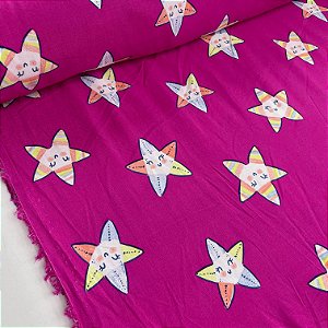Viscose Estampada Fundo Rosa com Estrelas