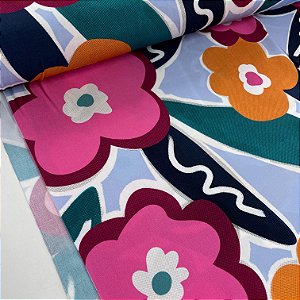 Viscose Estampada Fundo Azul Bebê Floral Grande Rosa e Amarelo