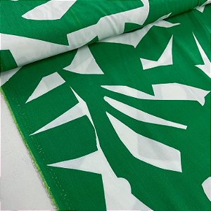 Viscose Estampada Fundo Branco com Detalhes Verde Bandeira