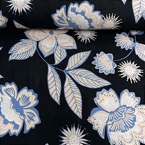 Liganete Estampada Fundo Preto com Floral Azul e Branco