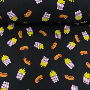 Liganete Estampada Fundo Preto com Cachorro Quente e Batata Frita