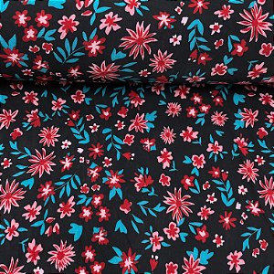 Liganete Estampada Fundo Preto Floral Rosa e Vermelho
