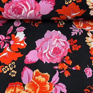 Liganete Estampada Fundo Preto Floral Laranja e Rosa