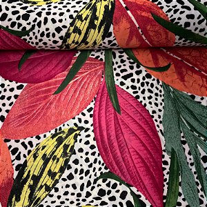 Liganete Estampada Fundo Branco com Manchas Pretas e Folhagens Coloridas