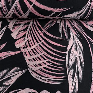 Liganete Estampada Fundo Preto com Folhas Brancas e Rosas