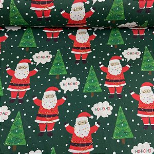 Tricoline Estampada de Natal Fundo Verde com Árvores e Papai Noel