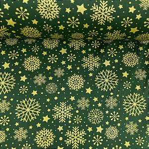 Tricoline Estampada de Natal Fundo Verde com Flocos, Estrelas e Poá Dourado