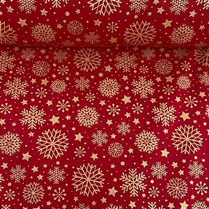 Tricoline Estampada de Natal Fundo Vermelho com Flocos, Estrelas e Poá Dourado