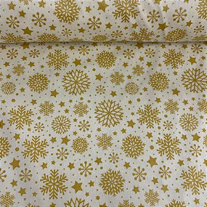 Tricoline Estampada de Natal Fundo Marfim com Flocos, Estrelas e Poá Dourado