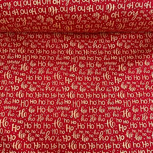 Tricoline Estampada de Natal Fundo Fundo Vermelho Hohoho Dourado