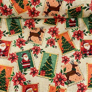 Tricoline Estampada de Natal Fundo Amarelo com Quadrinhos e Florzinhas