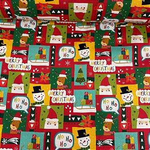 Tricoline Estampada de Natal Fundo Vermelho com Fotinhos de Papai Noel e Boneco de Neve