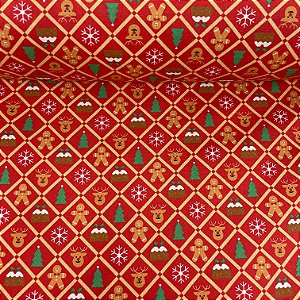 Tricoline Estampada de Natal Fundo Vermelho Quadriculado com Biscoitos, Árvores e Flocos