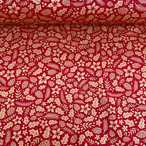 Tricoline Estampada de Natal Fundo Vermelho com Florzinhas e Castanhas