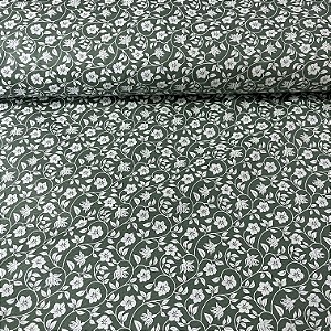 Tricoline Estampada Bahamas Fundo Verde com Flores e Plantas Brancas