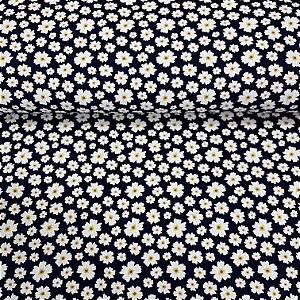 Tricoline Estampada Bahamas Fundo Preto Com Florzinhas Brancas E Detalhes Amarelos