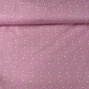 Tricoline Estampada Bahamas Fundo Rosa Com Corações Beges Desenhados