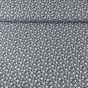 Tricoline Estampada Bahamas Fundo Azul Escuro Com Flores e Plantas Brancos