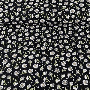 Tricoline Estampada Bahamas Fundo Preto Com Margaridas
