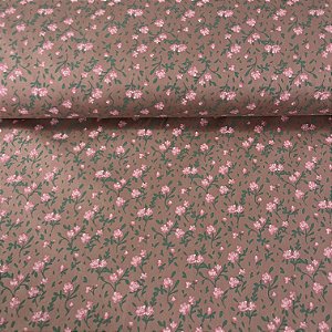 Tricoline Estampada Bahamas Fundo Marrom Rosado Com Flores Rosas