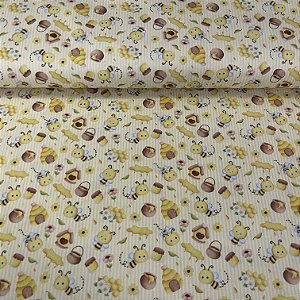 Tricoline Estampada Bahamas Fundo Listrado Amarelo Com Abelhinhas e Mel