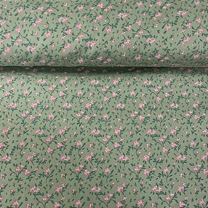 Tricoline Estampada Bahamas Fundo Verde Alecrim Com Flores Rosas