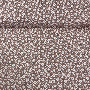 Tricoline Estampada Bahamas Fundo Marrom Com Flores e Ramos Brancos
