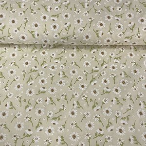 Tricoline Estampada Bahamas Fundo Bege Com Flores Brancas