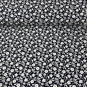 Tricoline Estampada Bahamas Fundo Azul Escuro Com Flores e Ramos Brancos