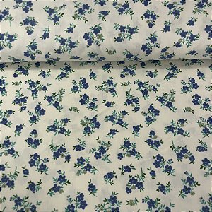 Tricoline Estampada Bahamas Fundo Marfim Com Flores Azuis