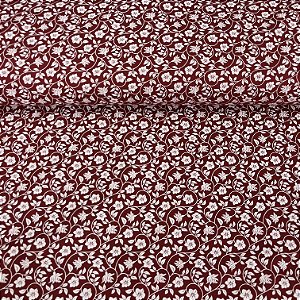 Tricoline Estampada Bahamas Fundo Vermelho Com Flores e Ramos Brancos