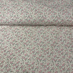 Tricoline Estampada Bahamas Fundo Marfim Com Flores Rosas e Folhas