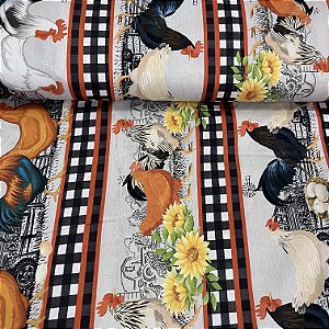 Tricoline Estampada Bahamas Galinhas Com Detalhes de Fazenda