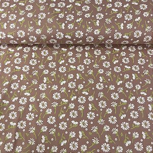 Tricoline Estampada Bahamas Fundo Marrom com Margaridas Espalhadas