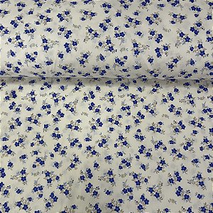 Tricoline Estampada Bahamas Fundo Marfim Com Flores Azuis e Cinzas