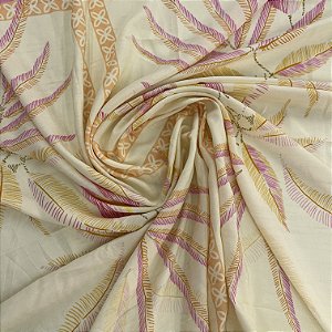 Viscose Barrada Estampada Plantas Rosas e Amarelas 1,35x1,60m