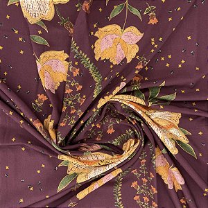 Viscose Barrada Estampada Fundo Bordô Com Flores e Plantas 1,35x1,70m