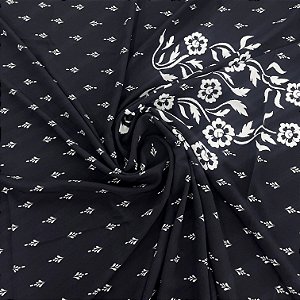 Viscose Barrada Estampada Fundo Preto Com Detalhes Brancos 1,35x1,50m