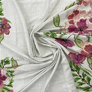 Viscose Barrada Estampada Fundo Branco Com Flores Rosas 1,35mx1m