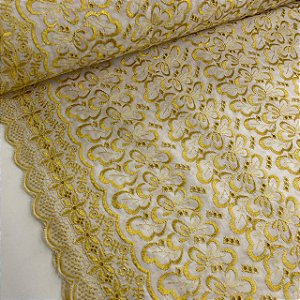 Broderi Bicolor Fundo Branco com Amarelo Floral