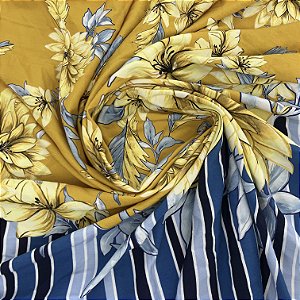 Viscose Barrada Estampada Flores e Fundo Amarelo Com Azul 1,35x1,80m