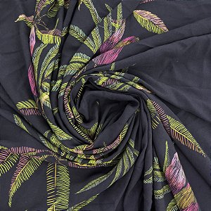 Viscose Barrada Estampada Preta Com Plantas 1,35x2,00m