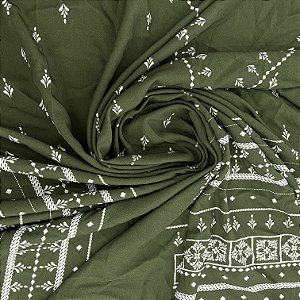 Viscose Barrada Estampada Verde Musgo Com Desenhos Brancos 1,35x1m