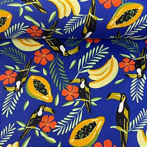 Oxford Estampado Fundo Azul Royal com Frutas e Tucanos