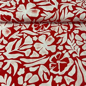 Viscose Estampada Fundo Vermelho com Flores Brancas