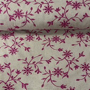 Linho com Viscose Bordado Bege Floral Rosa